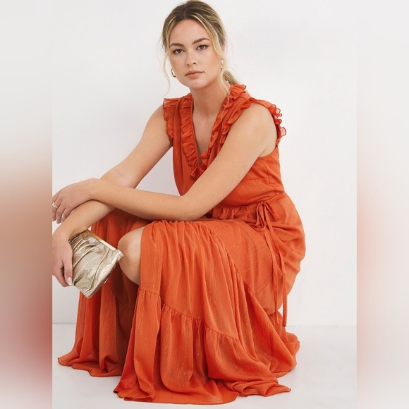 Little Mistress Orange Frill Wrap Maxi Boho Dress - Picture 1 of 5